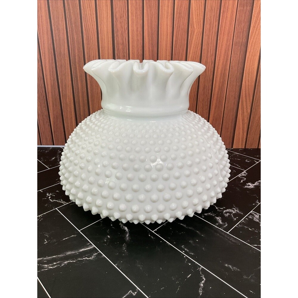 Antique Vtg Art Deco Opal White Milk Glass Oil Lamp Shade Ruffled Top 7" Fitter
